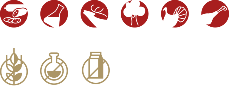 Verschieden Signets und Icons mit Darstellungen von Baum, Hirsch, Flasche, Wurst, Pute und Ähre